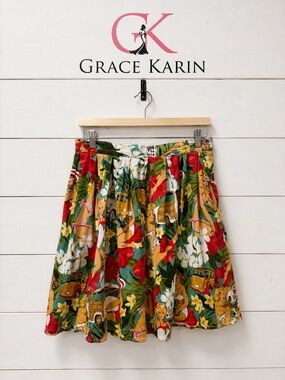 Grace Karin Vintage Tropical Print Skirt – Multicolor – Size L